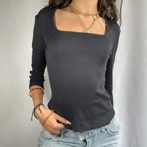 1990's Versace Sleek Bodycon Black Squareneck Ribbed Top